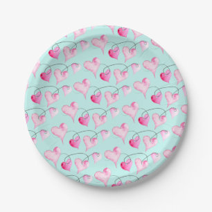 Valentines Decor Watercolor Pink Hearts Paper Plates