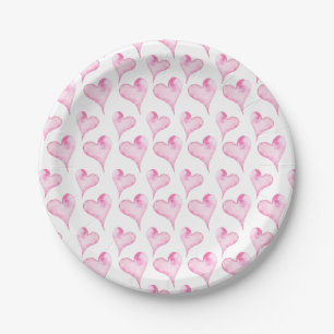 Valentines Decor Watercolor Pink Hearts Valentines Paper Plates