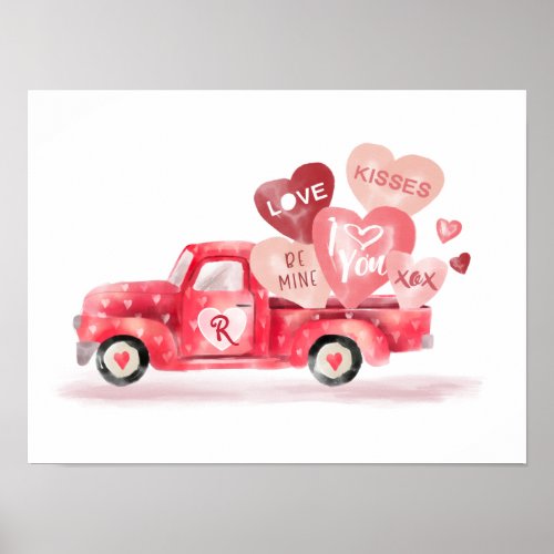 Valentines Delivery Red Watercolor Truck  Hearts Poster