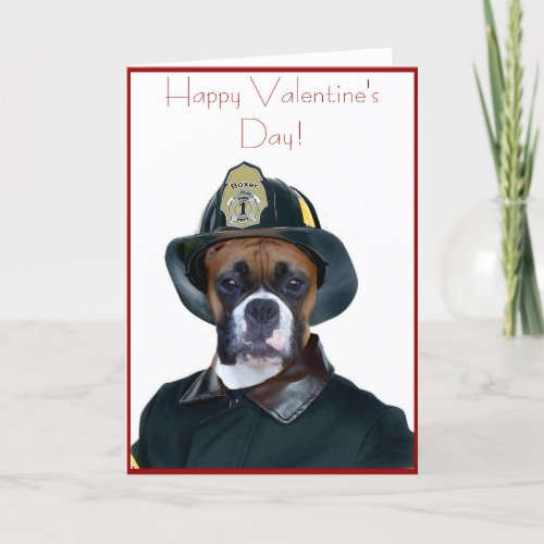 Valentines Fireman boxer dog greeting card