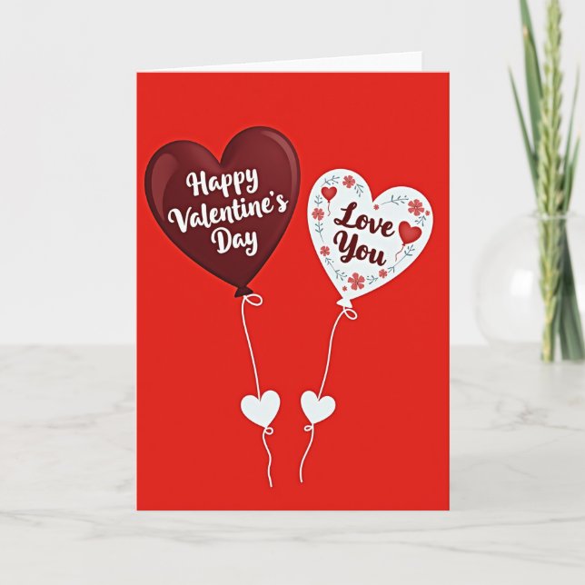 Valentines Floral Heart Balloons Card (Front)