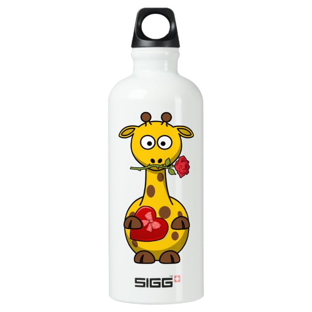 Valentine's Giraffe With Rose Aluminum Water Bottle (Front)