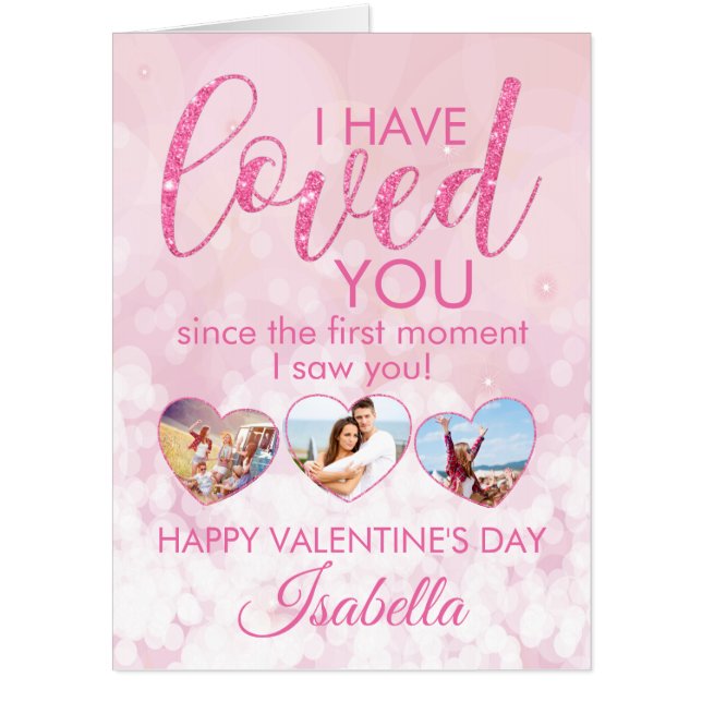 Valentines Girly Pink Glitter Photo Collage BIG Card (Front)