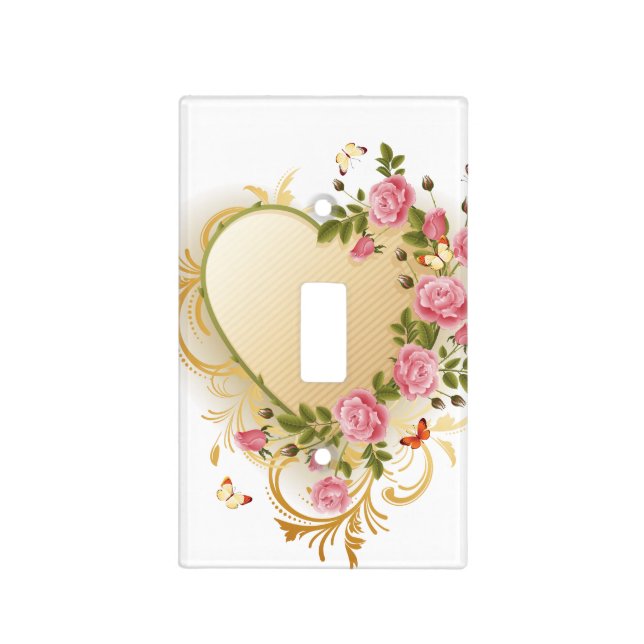 Valentines - Gold Striped Heart with Roses Light Switch Cover (Front)