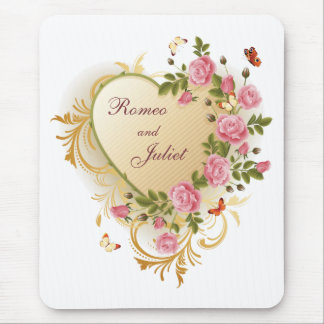 Valentines - Gold Striped Heart with Roses Mouse Pad