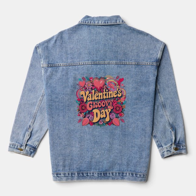 Valentine's groovy day, retro clipart denim jacket (Back)
