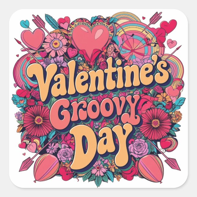 Valentine's groovy day, retro clipart square sticker (Front)