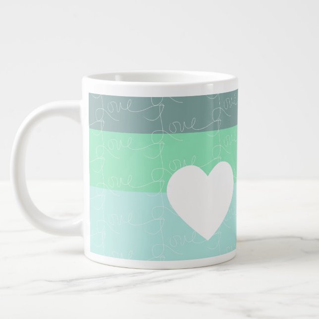 Valentines Heart Hand-Drawn Love Blue Green Giant Coffee Mug (Left)
