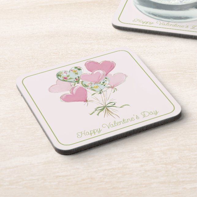 Valentine's Heart Pink and Green Heart Balloons Beverage Coaster (Left Side)