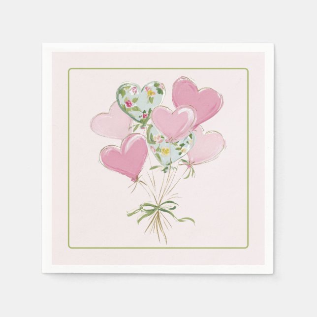Valentine's Heart Pink and Green Heart Balloons Napkins (Front)