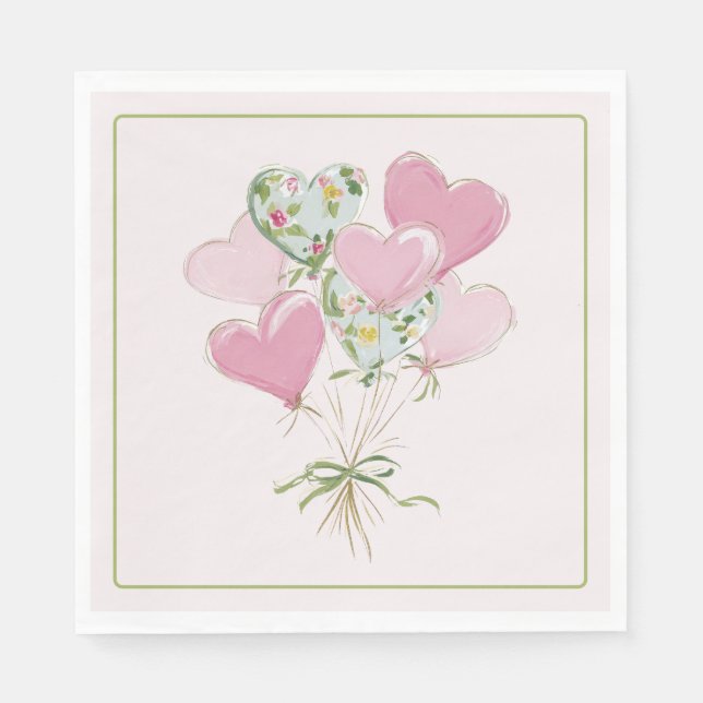 Valentine's Heart Pink and Green Heart Balloons Napkins (Front)