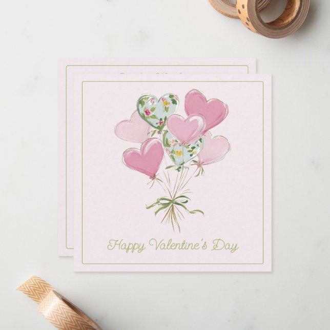 Valentine's Heart Pink and Green Heart Balloons Note Card (Front/Back In Situ)