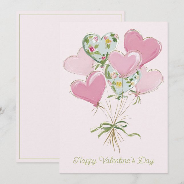 Valentine's Heart Pink and Green Heart Balloons Note Card (Front/Back)