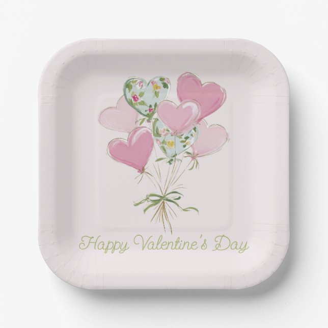 Valentine's Heart Pink and Green Heart Balloons Paper Plates (Front)