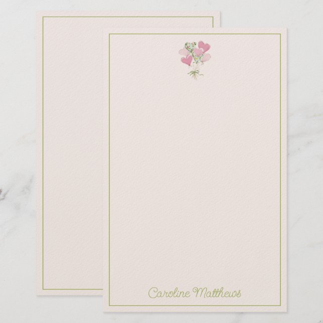 Valentine's Heart Pink and Green Heart Balloons Stationery (Front/Back)