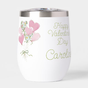 Valentine's Heart Pink and Green Heart Balloons Thermal Wine Tumbler