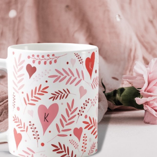 Valentines Heart Pink Red Stylish Pattern Monogram Coffee Mug (Creator Uploaded)