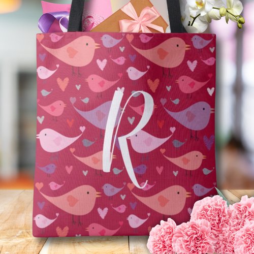 Valentines Hearts Birds Pink Red Stylish Monogram Tote Bag