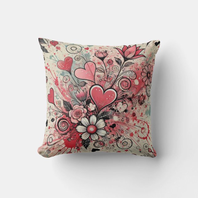 Valentines Hearts / Daisy / Splatter Art Throw Pillow (Front)