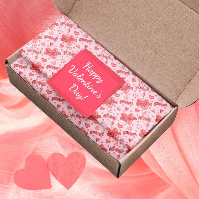 Valentine's Hearts I Love You Be Mine Pattern Tissue Paper (Watercolor Valentines Hearts Pattern "I Love You!" and "Be Mine!" Tissue Paper - Pink)