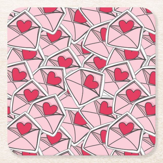 Valentine's Hearts on Envelopes Square Paper Coaster (Front)