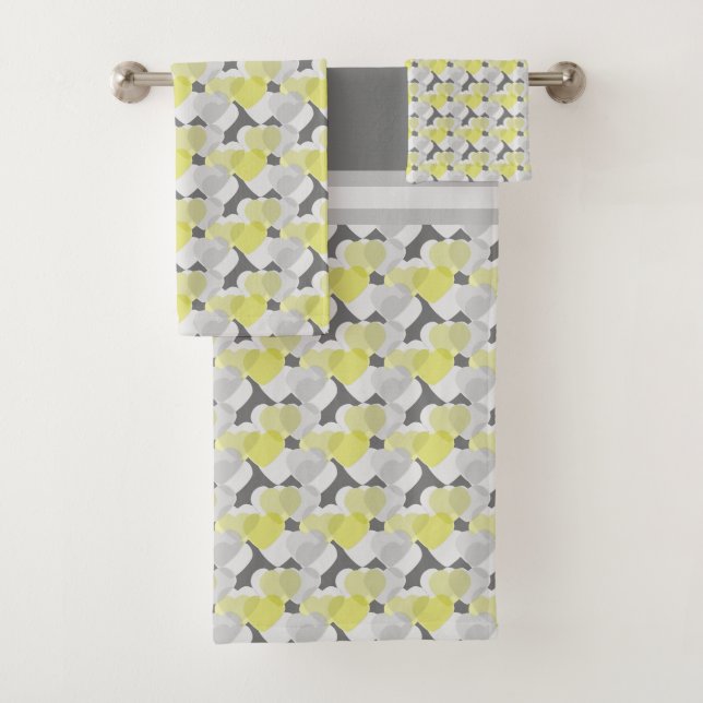 Valentine's Hearts Overlay Yellow and Gray Pattern Bath Towel Set (Insitu)