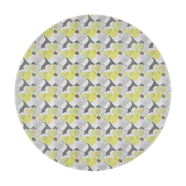 Valentine's Hearts Overlay Yellow and Gray Pattern Cutting Board (Front)