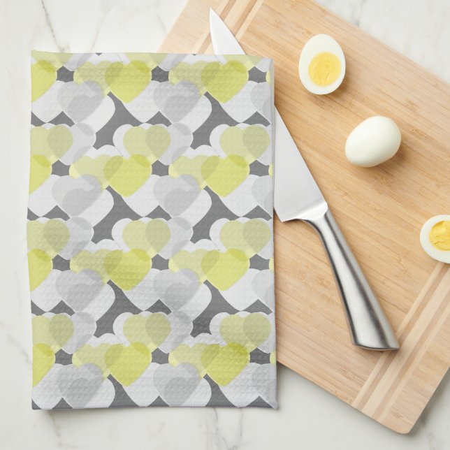 Valentine's Hearts Overlay Yellow and Gray Pattern Kitchen Towel (Quarter Fold)