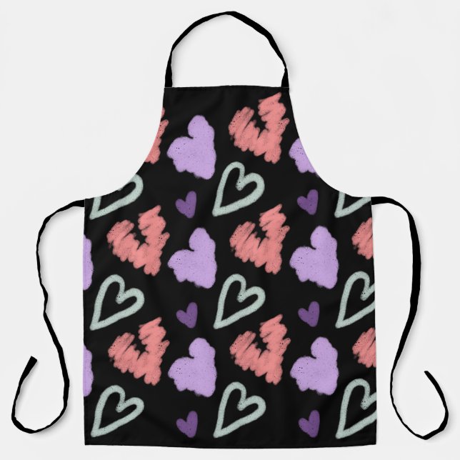 Valentines Hearts Purple Hand Drawn Pattern Apron (Front)