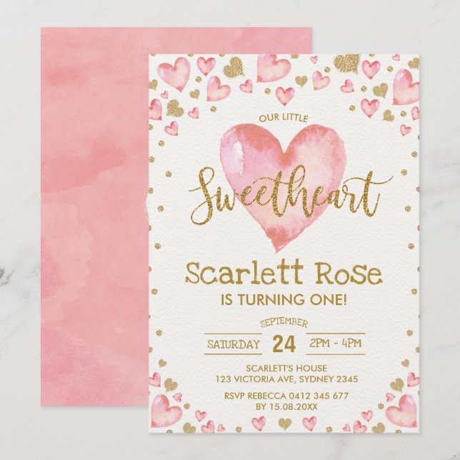 Valentines Hearts Sweetheart 1st Birthday Invite (Front/Back)