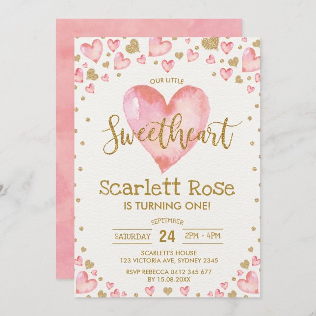 Valentines Hearts Sweetheart 1st Birthday Invite (Front/Back)