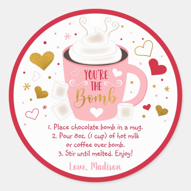 Valentine's Hot Chocolate Bomb Pink Gold Heart Classic Round Sticker (Front)