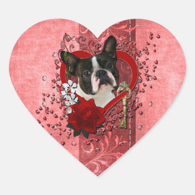 Valentines - Key to My Heart - Boston Terrier Heart Sticker (Front)