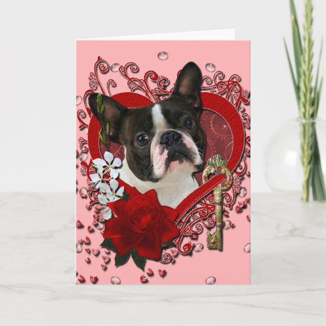Valentines - Key to My Heart - Boston Terrier Holiday Card (Front)