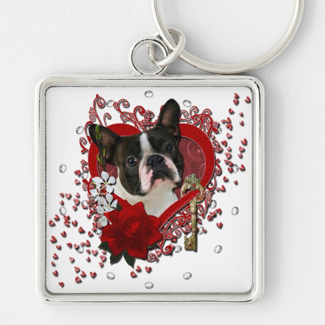 Valentines - Key to My Heart - Boston Terrier Keychain (Front)