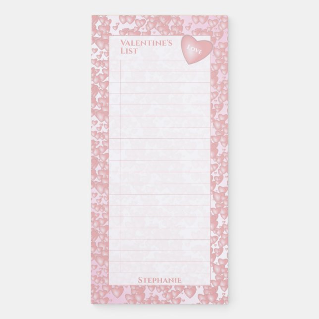 Valentine's List | Pink Floating Hearts Pattern Magnetic Notepad (Front)