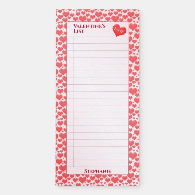 Valentine's List | Red Floating Hearts Pattern Magnetic Notepad (Front)