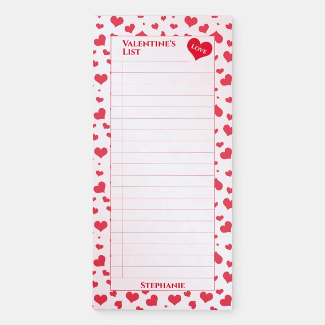 Valentine's List | Red Random Hearts Pattern Magnetic Notepad (Front)