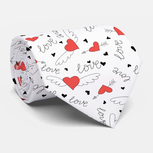 Valentines love bird red heart pattern neck tie (Rolled)