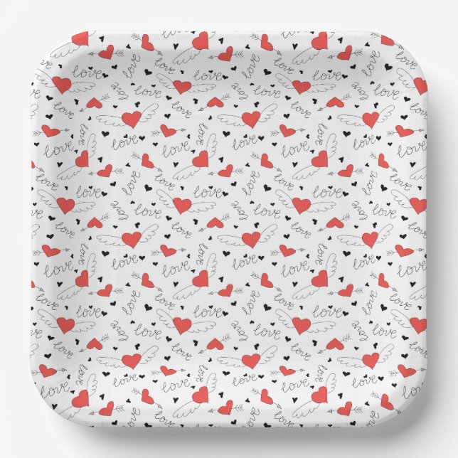 Valentines love bird red heart pattern paper plates (Front)