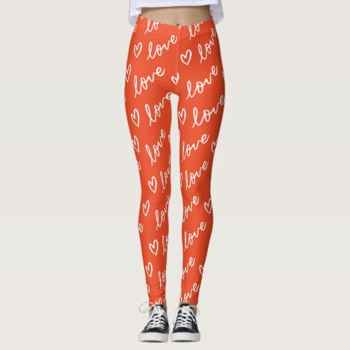 Valentines love lettering hearts in red background leggings