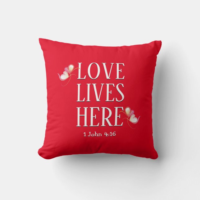 Valentines | LOVE LIVES HERE Custom Text RED Throw Pillow (Front)
