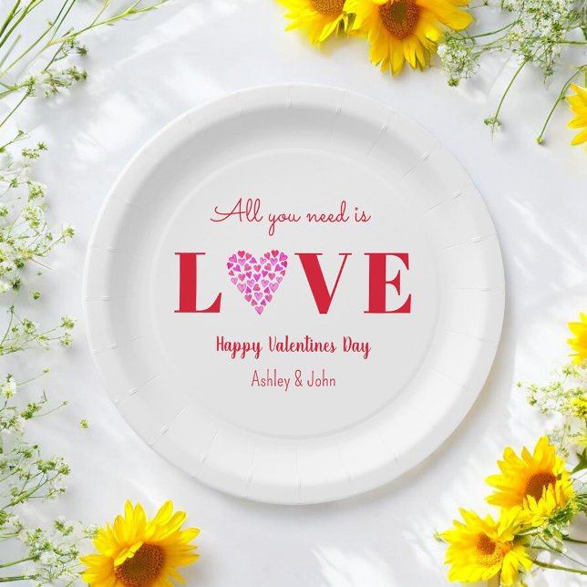 Valentines Love Script Red White  Paper Plates (Creator Uploaded)
