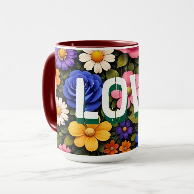 Valentine's Mug Floral Design Pattern Love Text (Front Left)