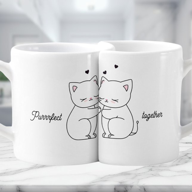 Valentine's Mug Set, Purrrfect together (Set of two nested lovers mugs featuring a cute cat illustration and the text Purrrfect together)
