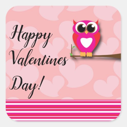 Valentines Owl  Hearts Pink Red Modern Favor Square Sticker