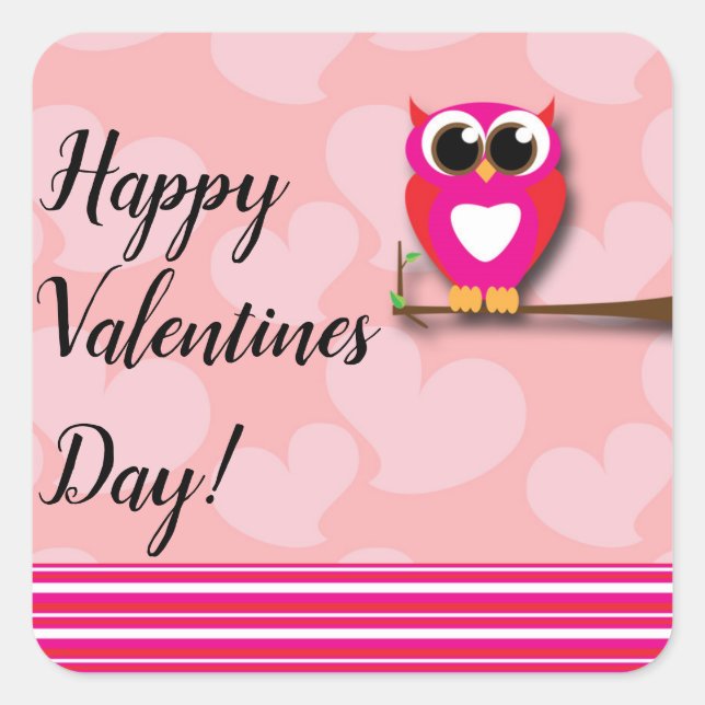 Valentines Owl & Hearts Pink Red Modern Favor Square Sticker (Front)