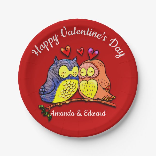 Valentine's Owls Couple Paper Plates (Front)