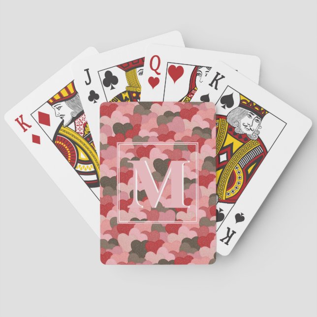 Valentines Paper Hearts Faux Camouflage Monogram Poker Cards (Back)