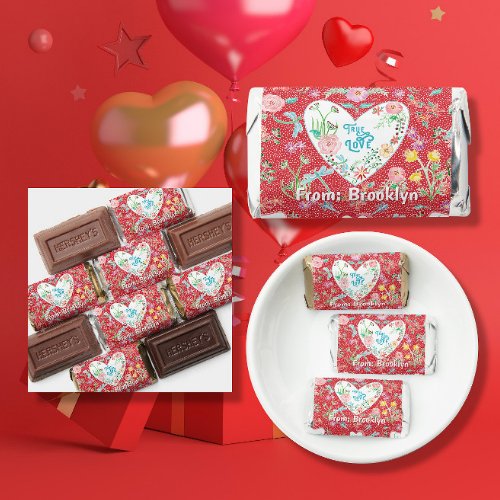 Valentines Party Hearts True Love Floral w Name Hersheys Miniatures